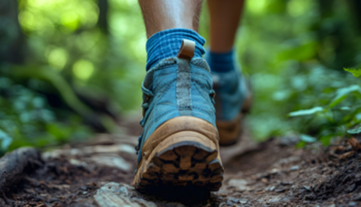 closeup of hiker walking on path