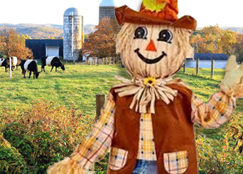 scarecrow in front of hilltop farm